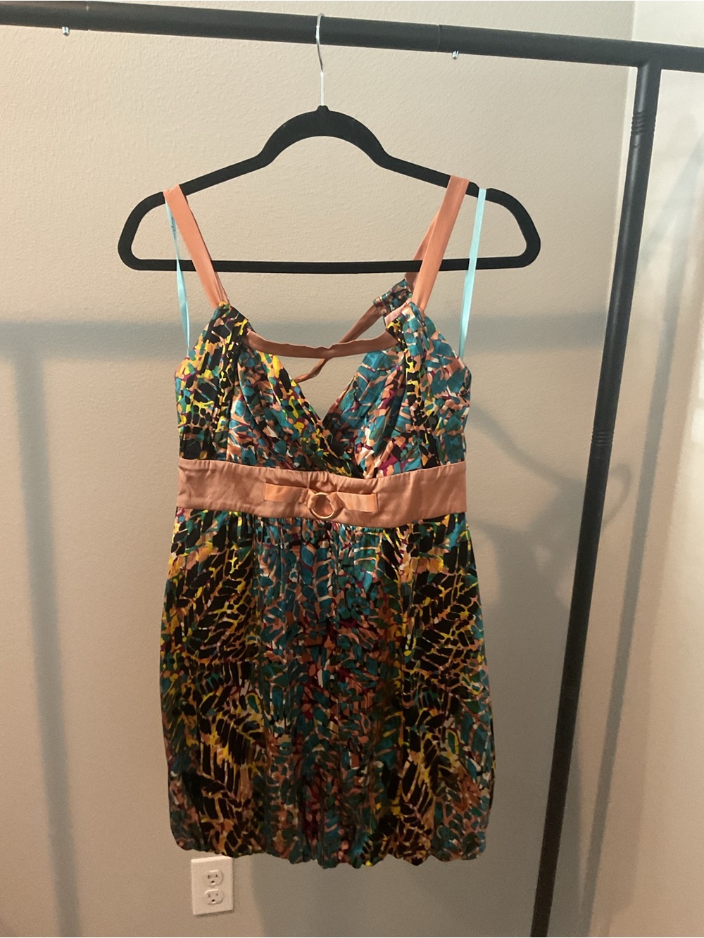 Marciano Multicolor Printed Mini Autumn wedding guest dress  Tan Satin Waistband